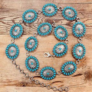 Turquoise Natural Stone Antique Metal Squash Blossom Boho Westen Style Link Belt